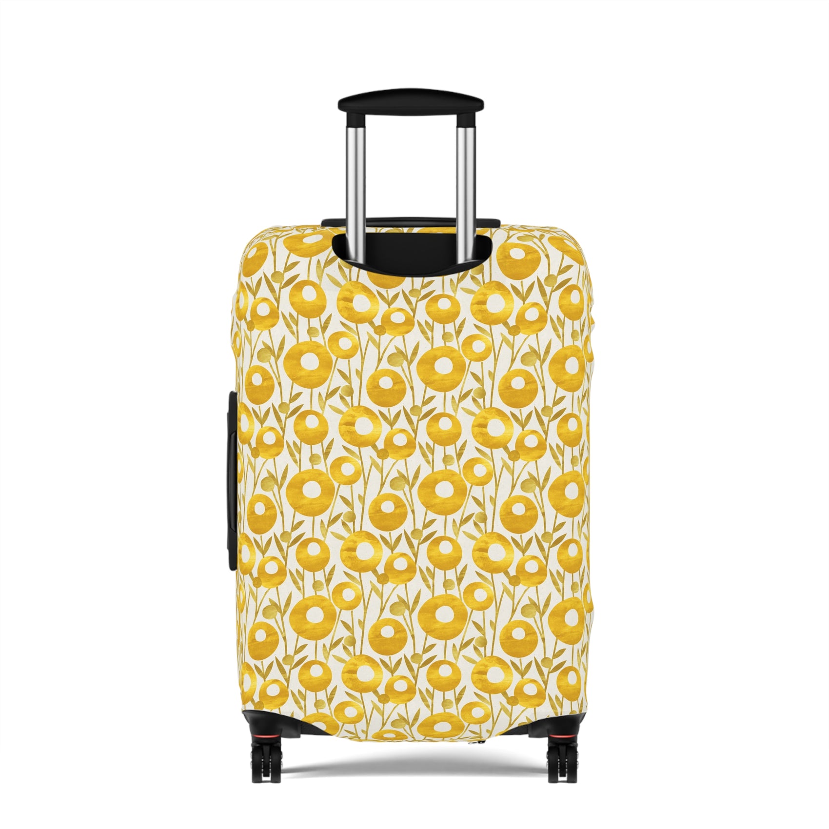 Swedish Meadow yellow floral stretch luggage cover with Scandinavian flower pattern on rolling suitcase