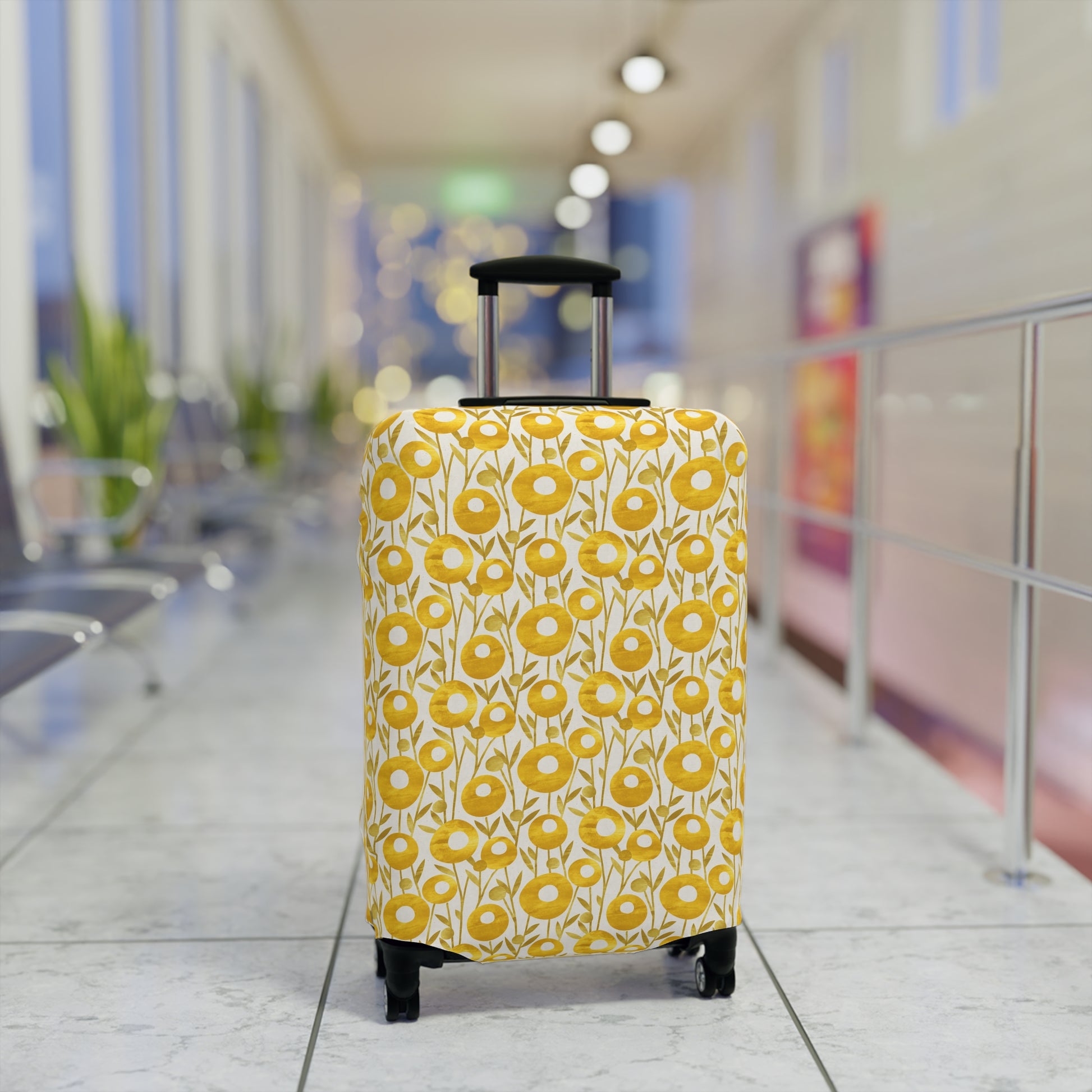 Swedish Meadow yellow floral stretch luggage cover with Scandinavian flower pattern on rolling suitcase