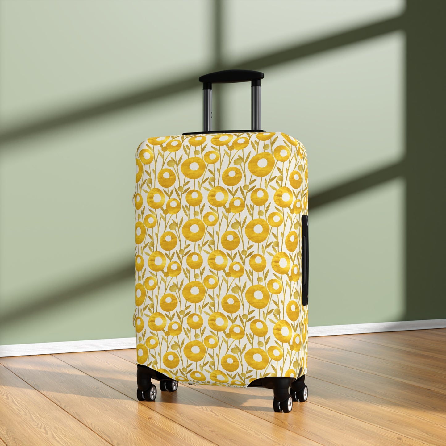 Swedish Meadow yellow floral stretch luggage cover with Scandinavian flower pattern on rolling suitcase