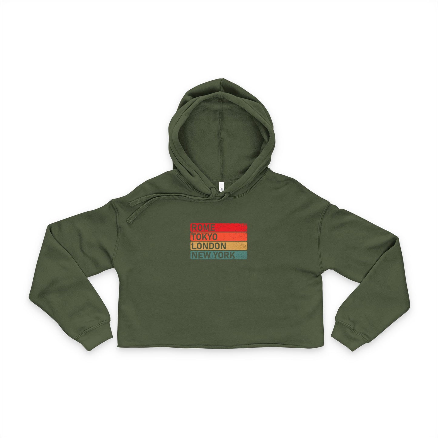 Global Icons women’s cropped hoodie featuring Rome Tokyo London New York graphic