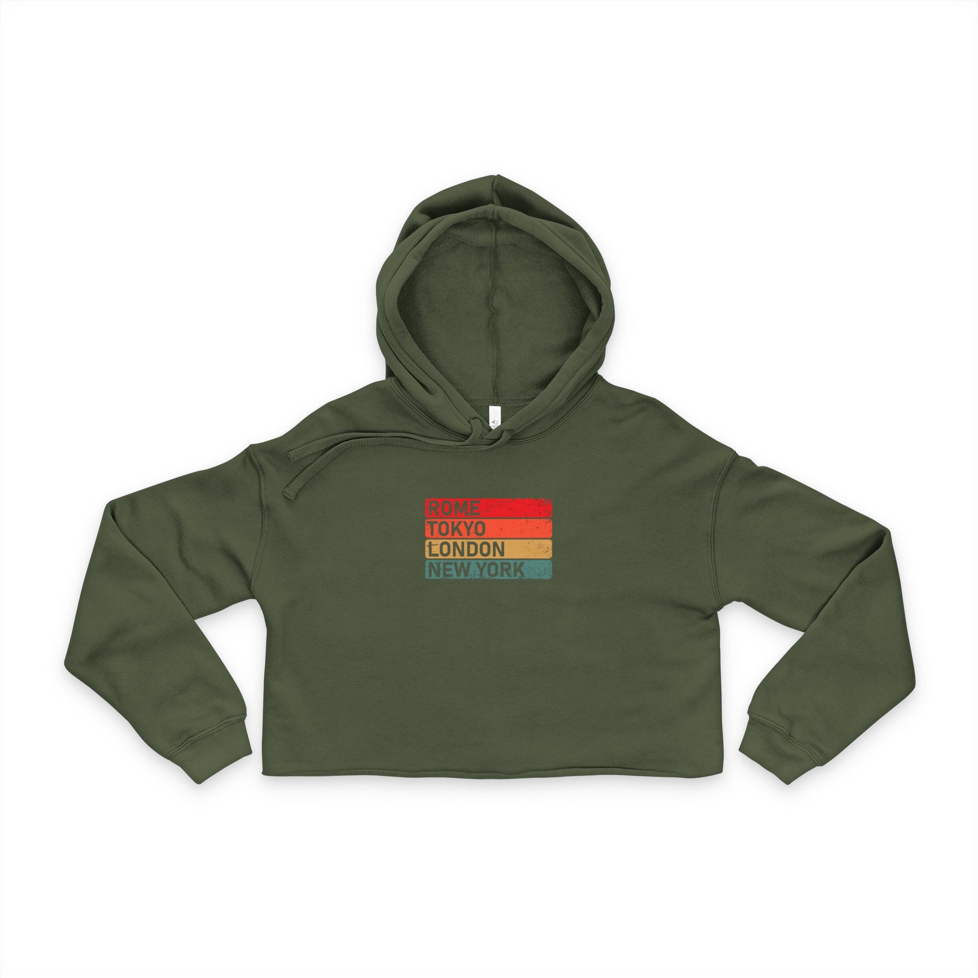 Global Icons women’s cropped hoodie featuring Rome Tokyo London New York graphic