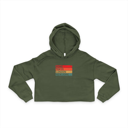 Global Icons women’s cropped hoodie featuring Rome Tokyo London New York graphic