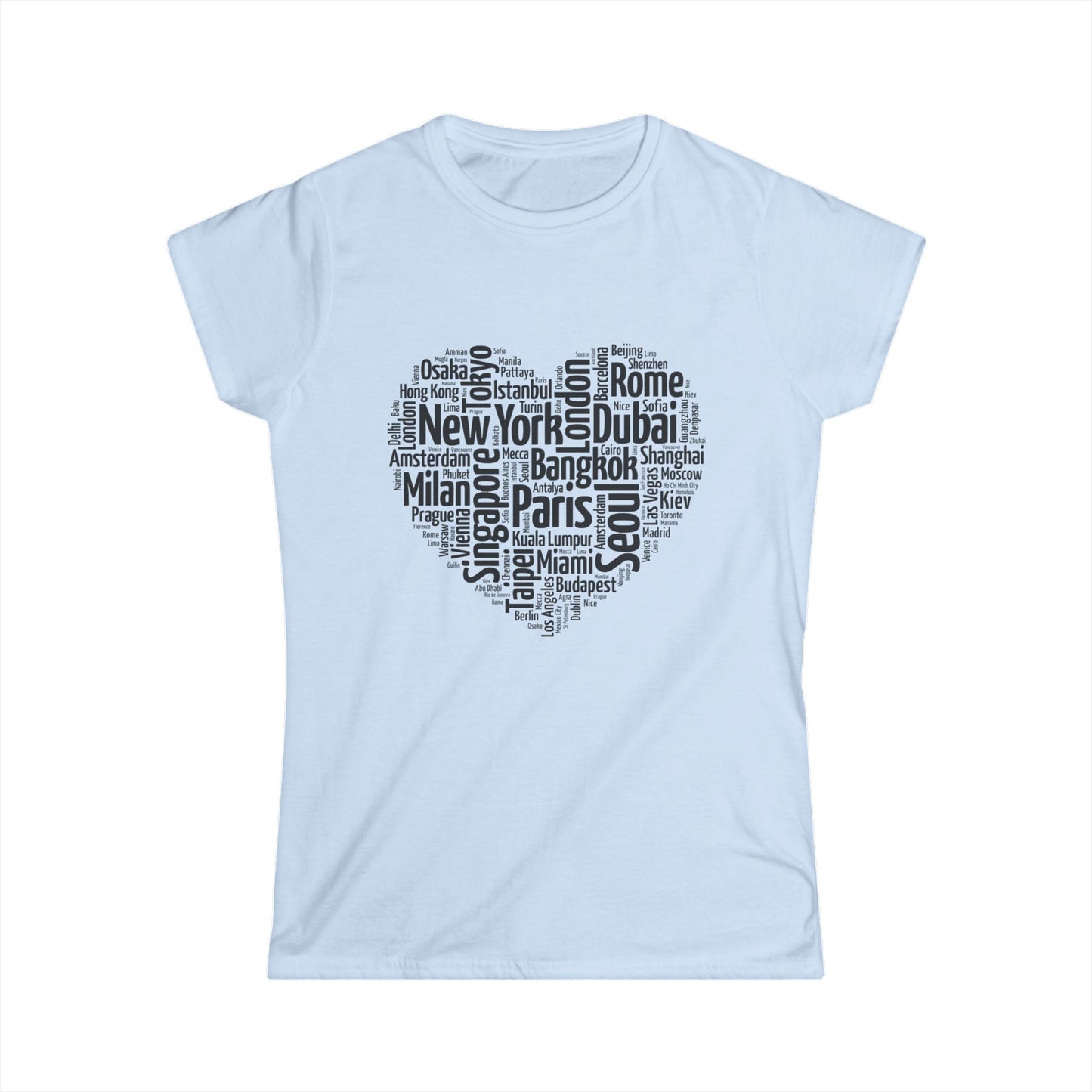 Wanderheart women’s travel t-shirt with heart-shaped collage of global cities