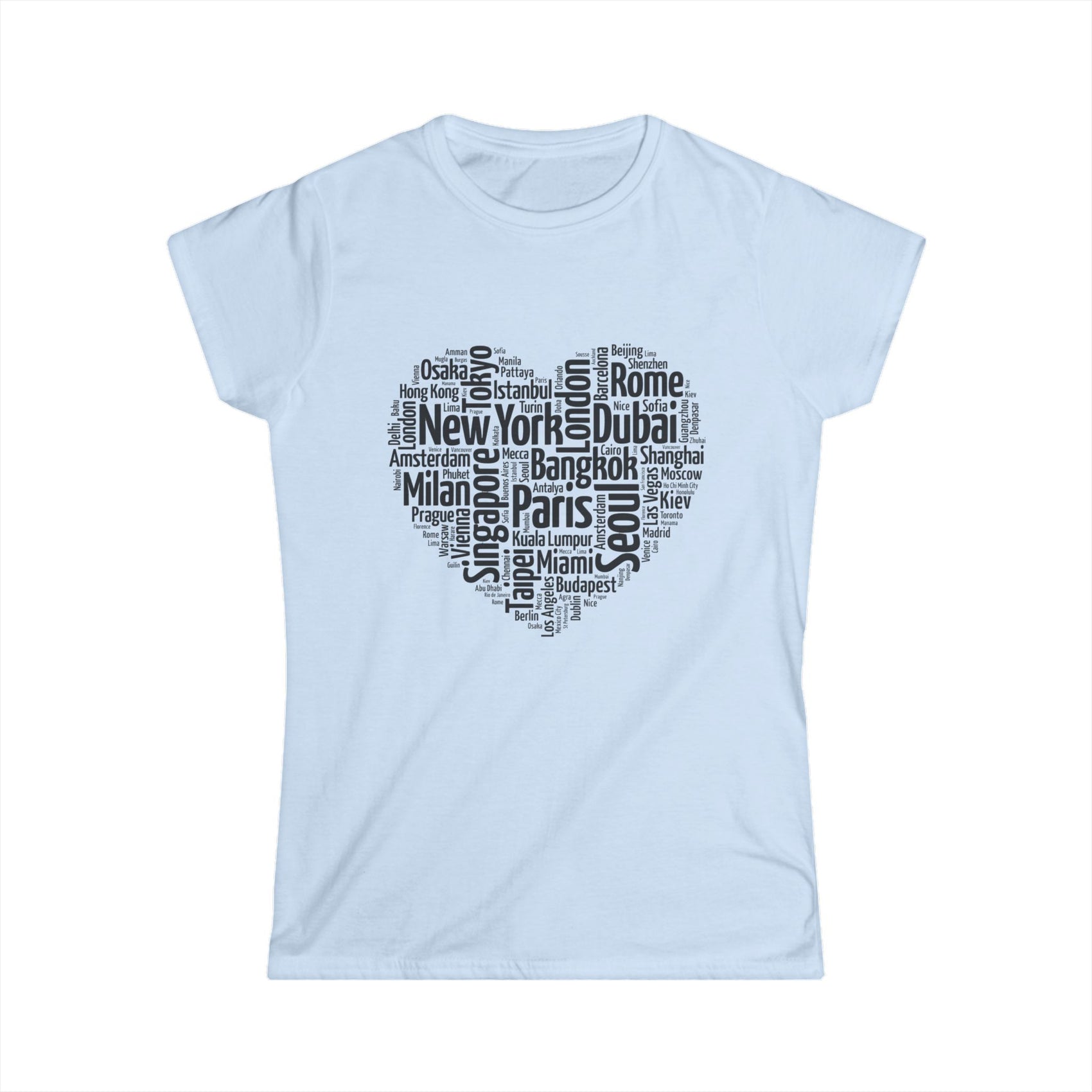 Wanderheart women’s travel t-shirt with heart-shaped collage of global cities