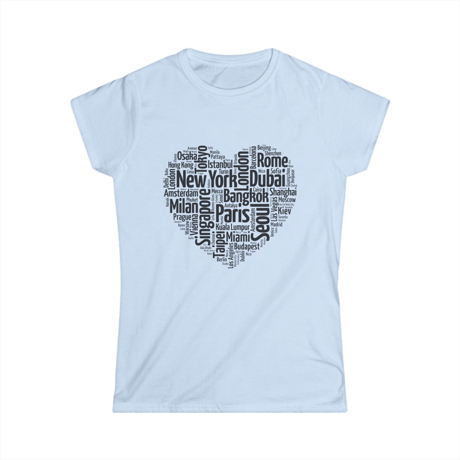 Wanderheart women’s travel t-shirt with heart-shaped collage of global cities