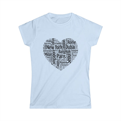 Wanderheart women’s travel t-shirt with heart-shaped collage of global cities