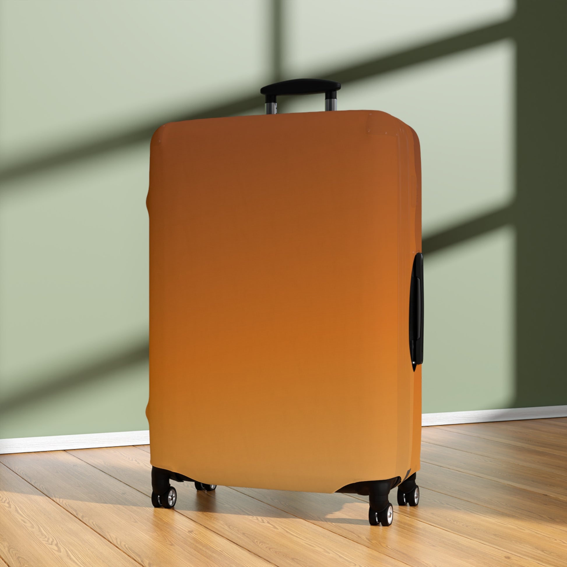 Burnt orange gradient stretch luggage cover protecting a rolling suitcase