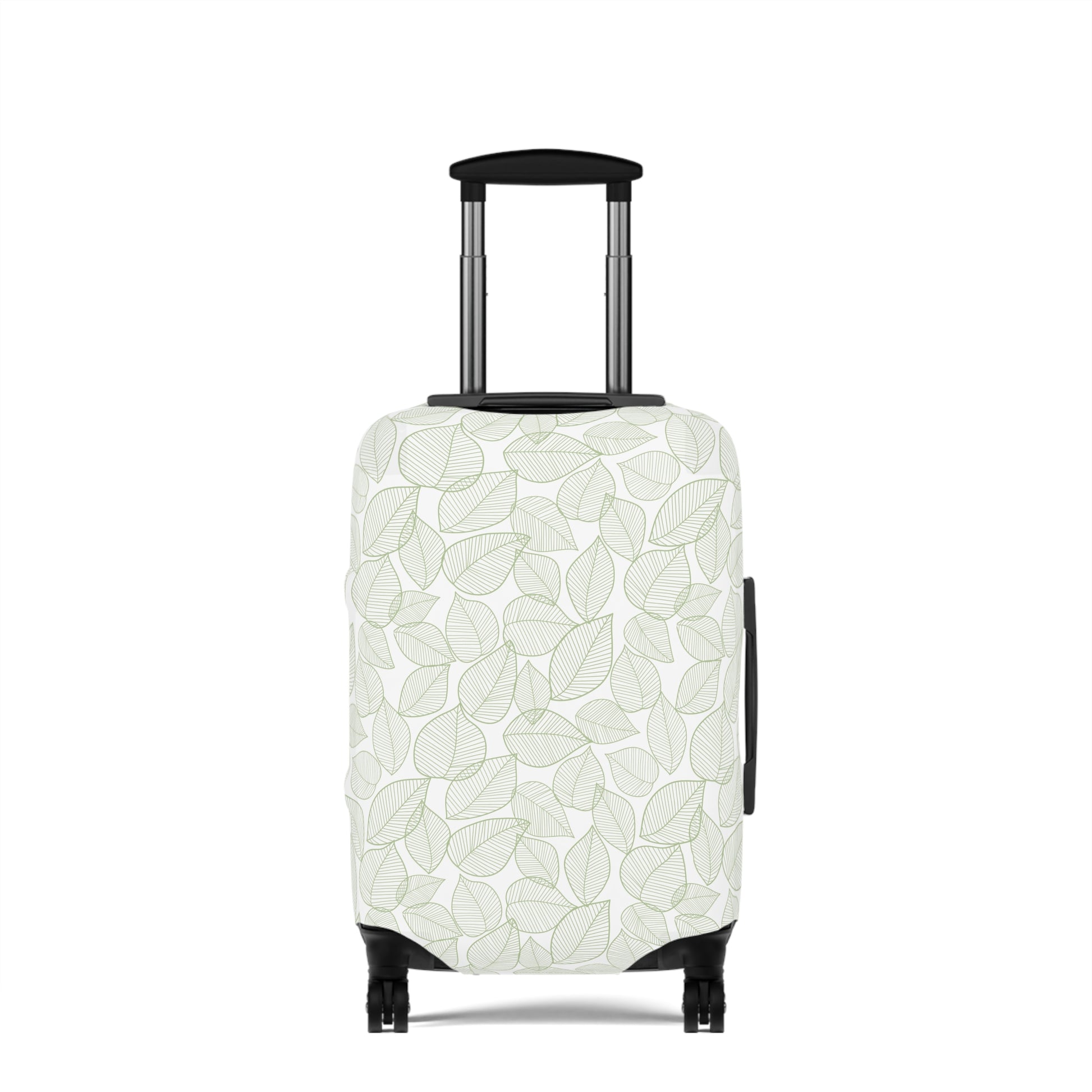 Urban Botanica stretch luggage cover with minimalist green leaf pattern on white background