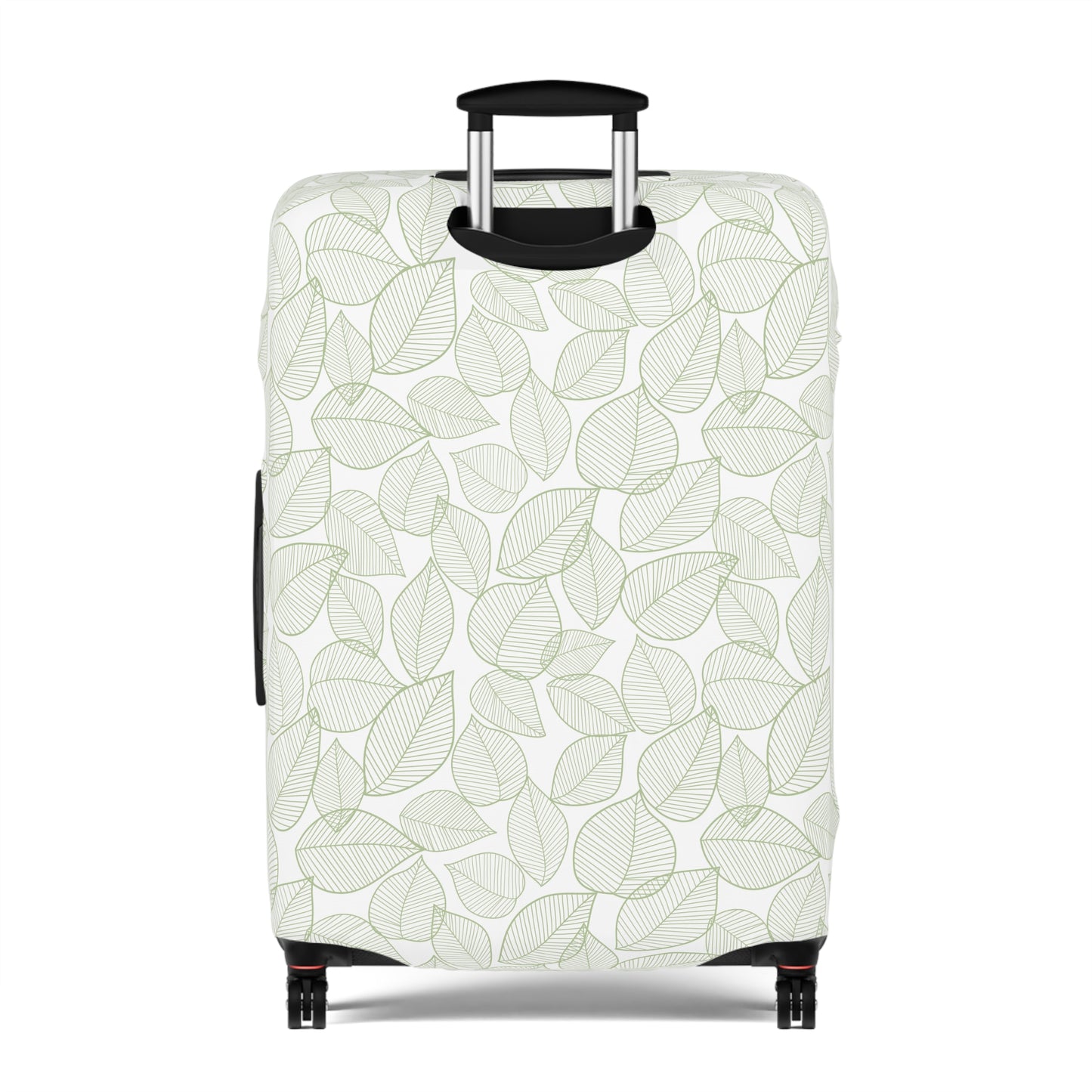 Urban Botanica stretch luggage cover with minimalist green leaf pattern on white background