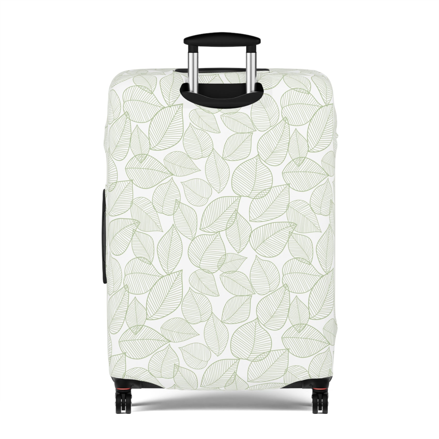 Urban Botanica stretch luggage cover with minimalist green leaf pattern on white background