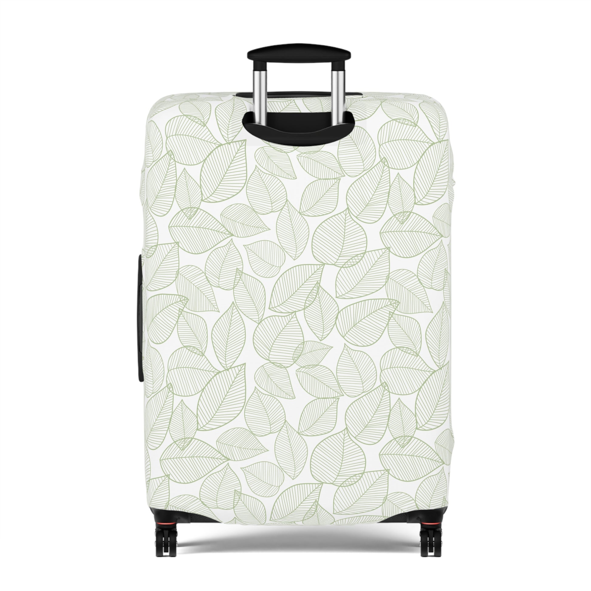 Urban Botanica stretch luggage cover with minimalist green leaf pattern on white background
