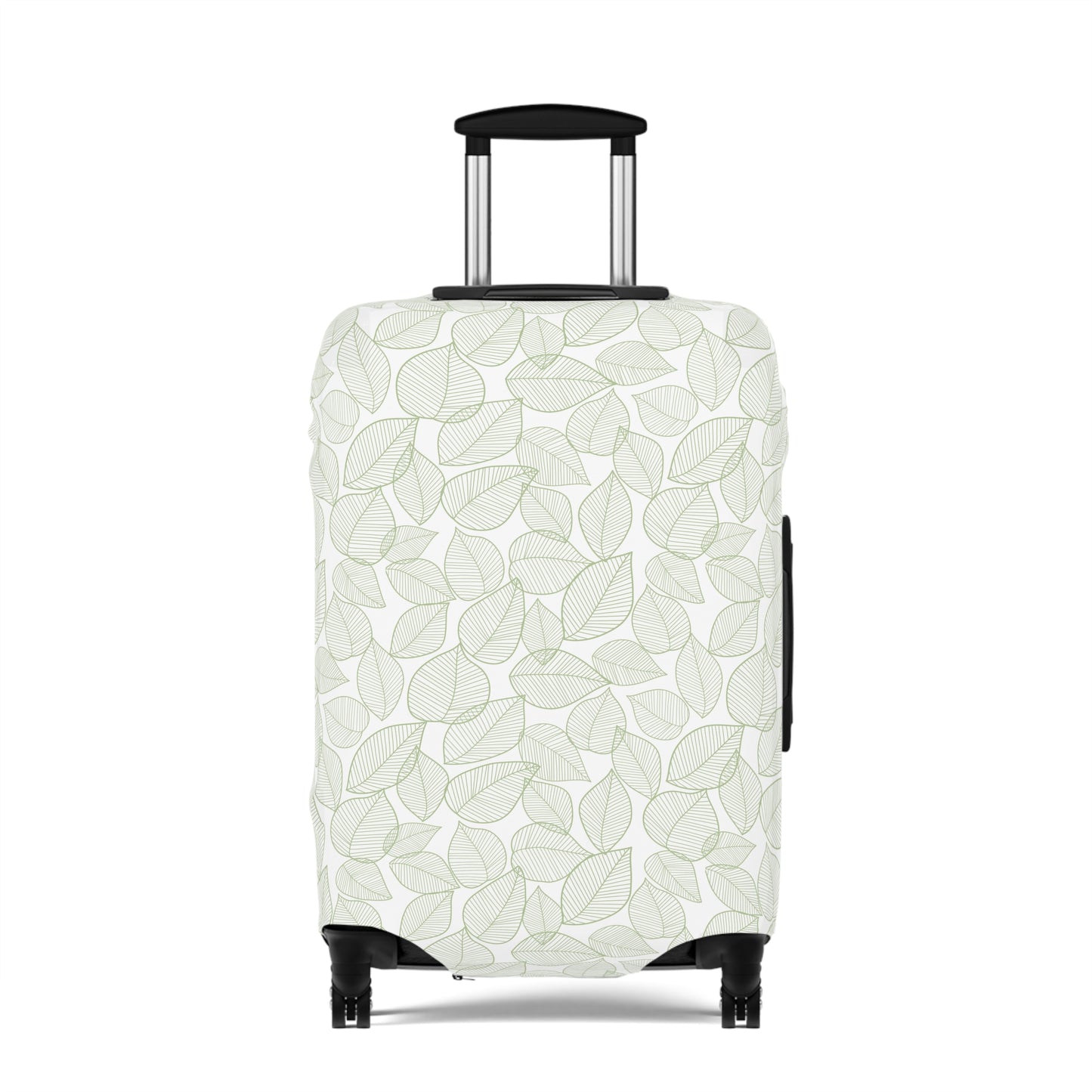 Urban Botanica stretch luggage cover with minimalist green leaf pattern on white background