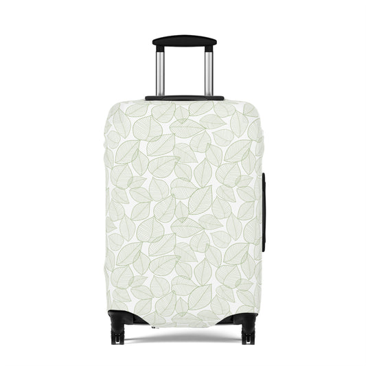 Urban Botanica stretch luggage cover with minimalist green leaf pattern on white background
