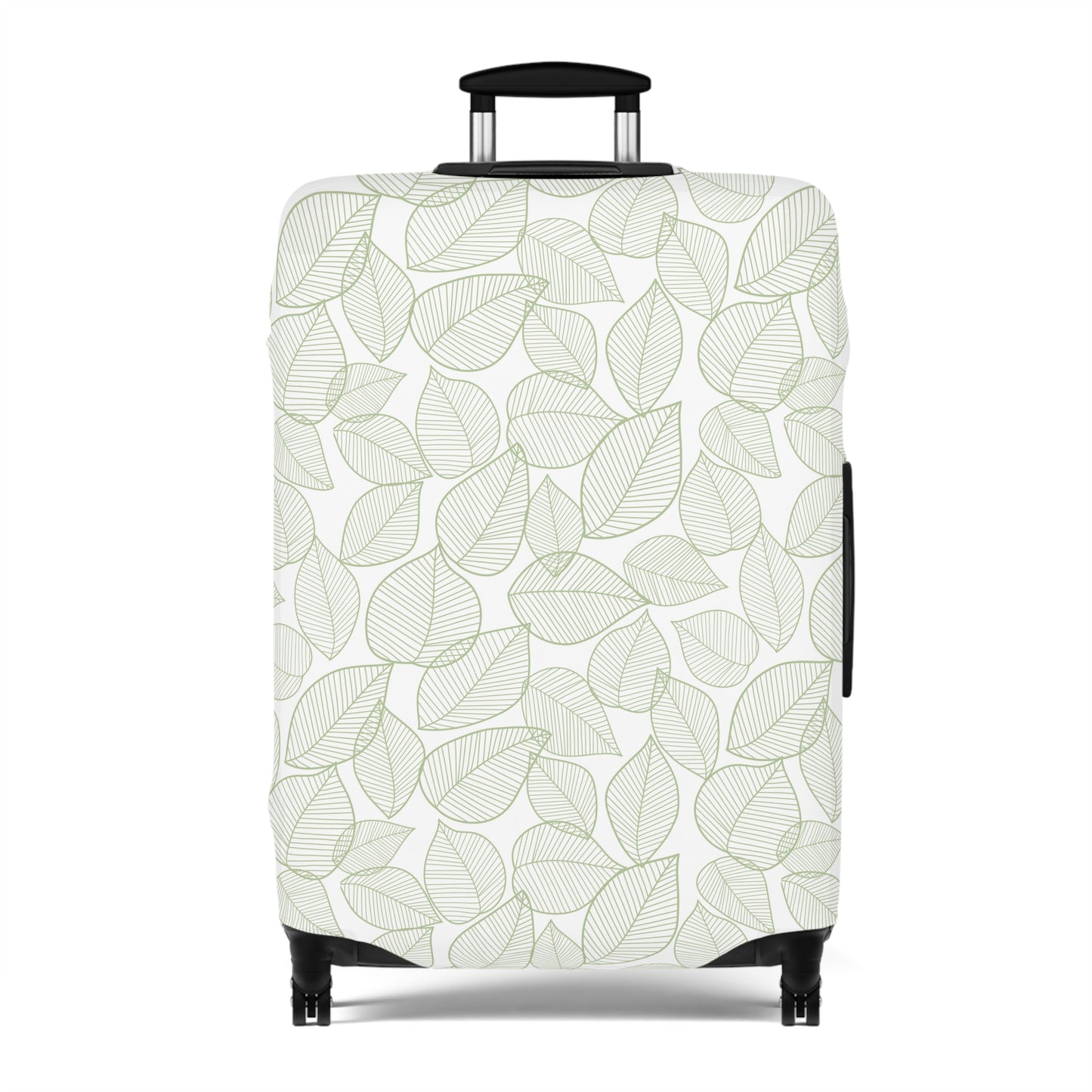 Urban Botanica stretch luggage cover with minimalist green leaf pattern on white background