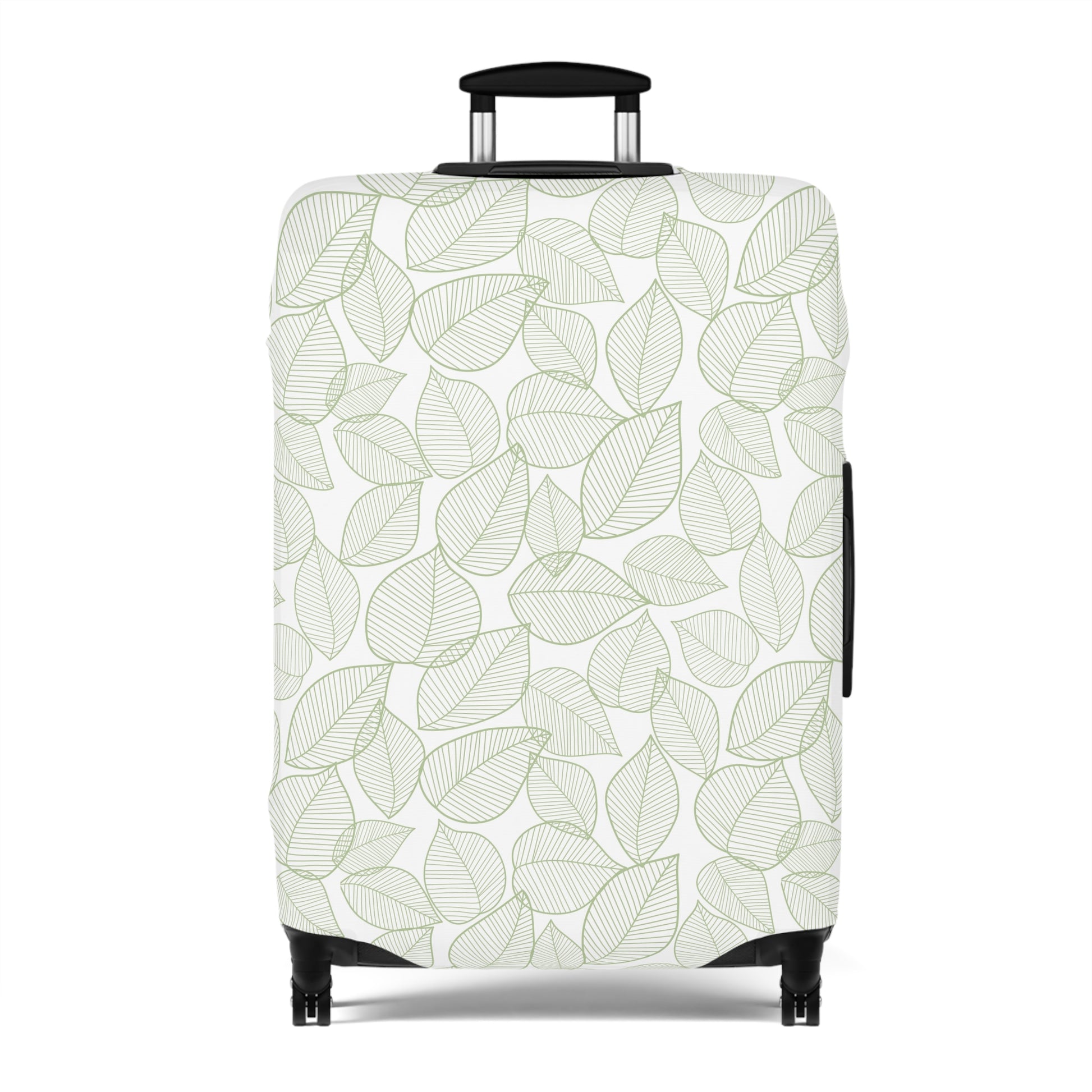 Urban Botanica stretch luggage cover with minimalist green leaf pattern on white background