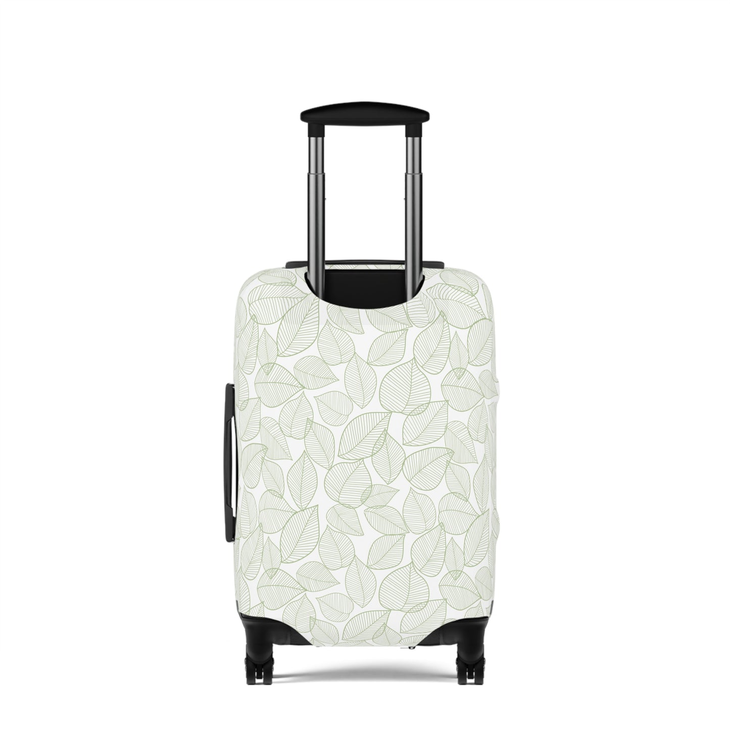 Urban Botanica stretch luggage cover with minimalist green leaf pattern on white background