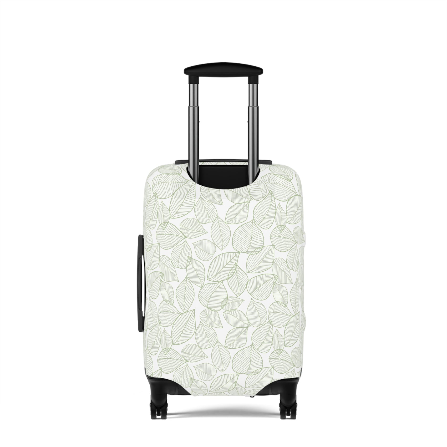 Urban Botanica stretch luggage cover with minimalist green leaf pattern on white background