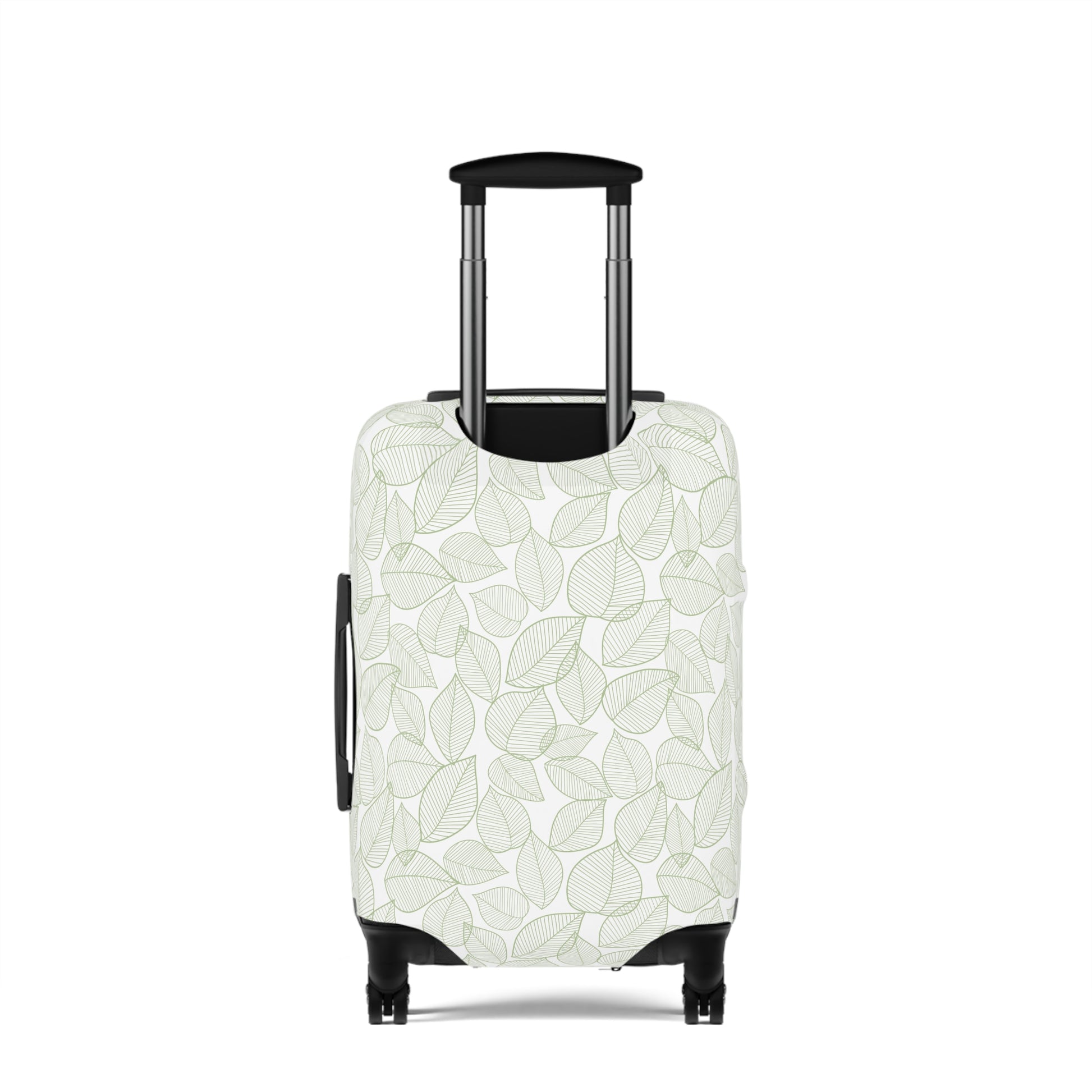 Urban Botanica stretch luggage cover with minimalist green leaf pattern on white background