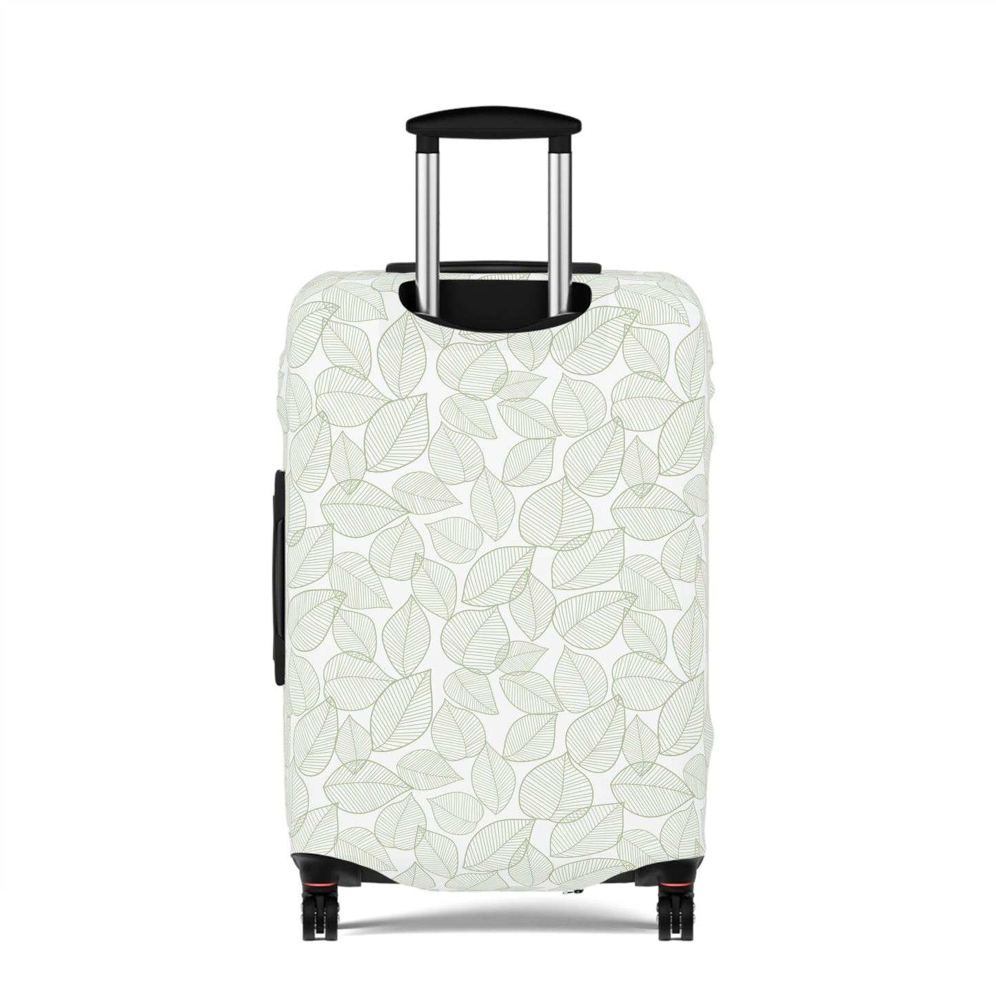 Urban Botanica stretch luggage cover with minimalist green leaf pattern on white background