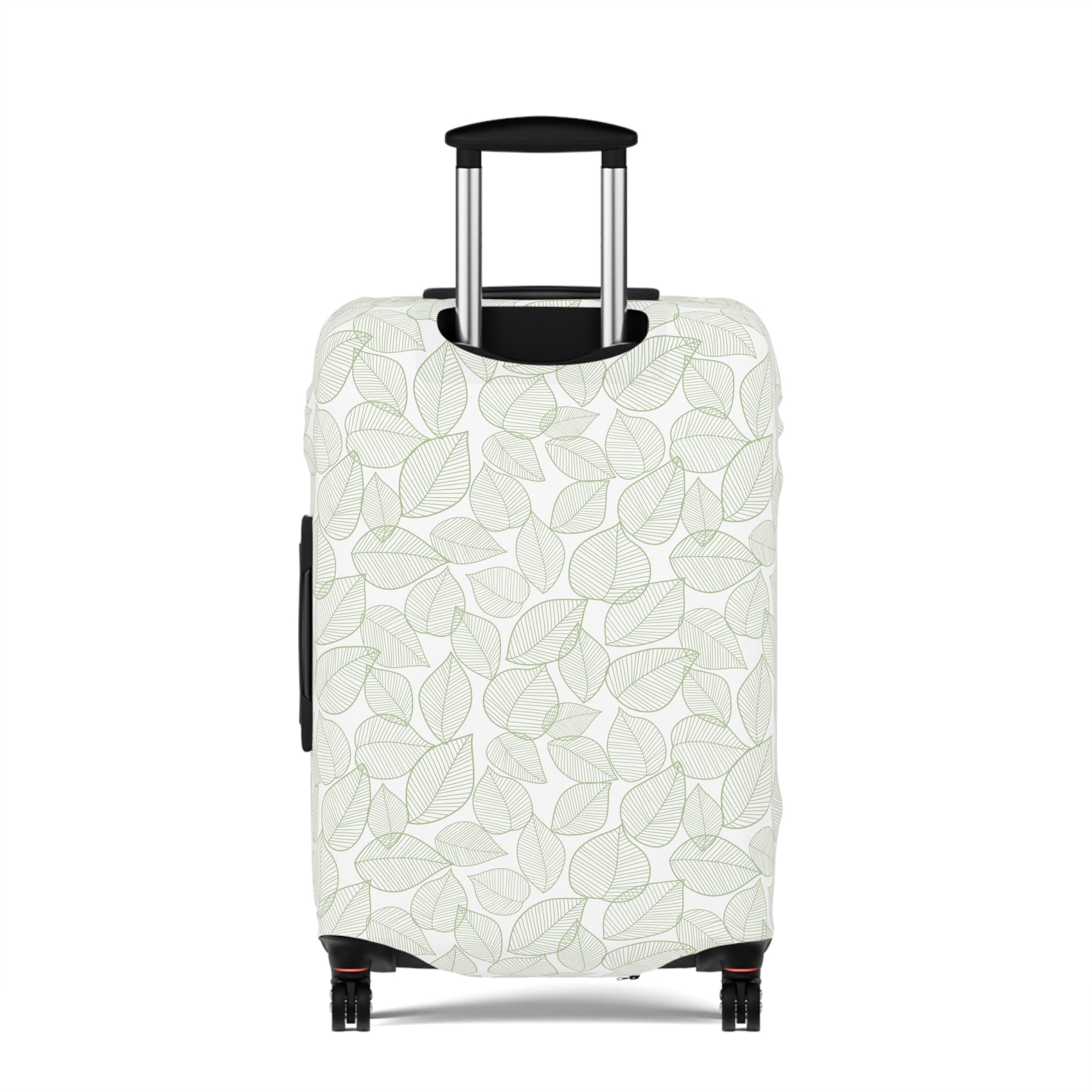 Urban Botanica stretch luggage cover with minimalist green leaf pattern on white background