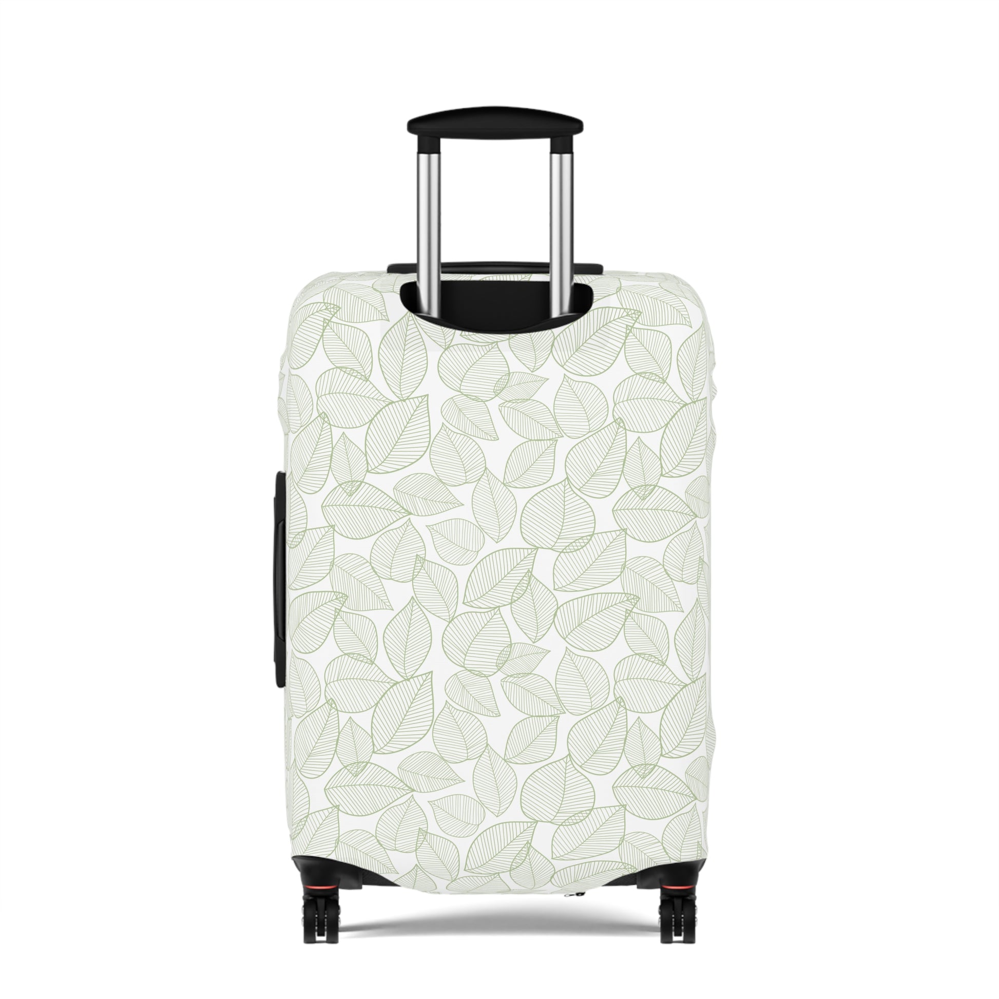 Urban Botanica stretch luggage cover with minimalist green leaf pattern on white background