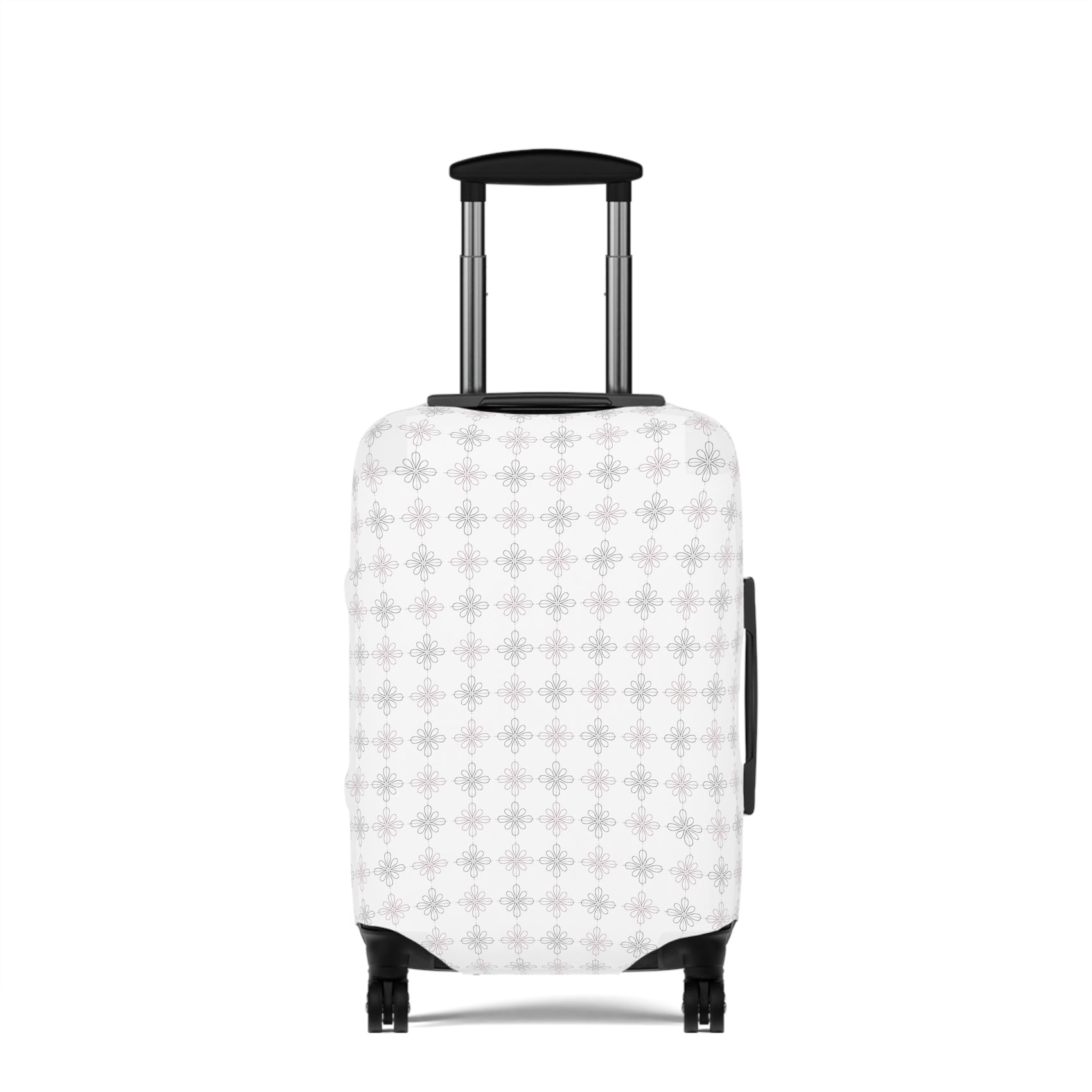White floral minimalist stretch luggage cover protecting a rolling suitcase