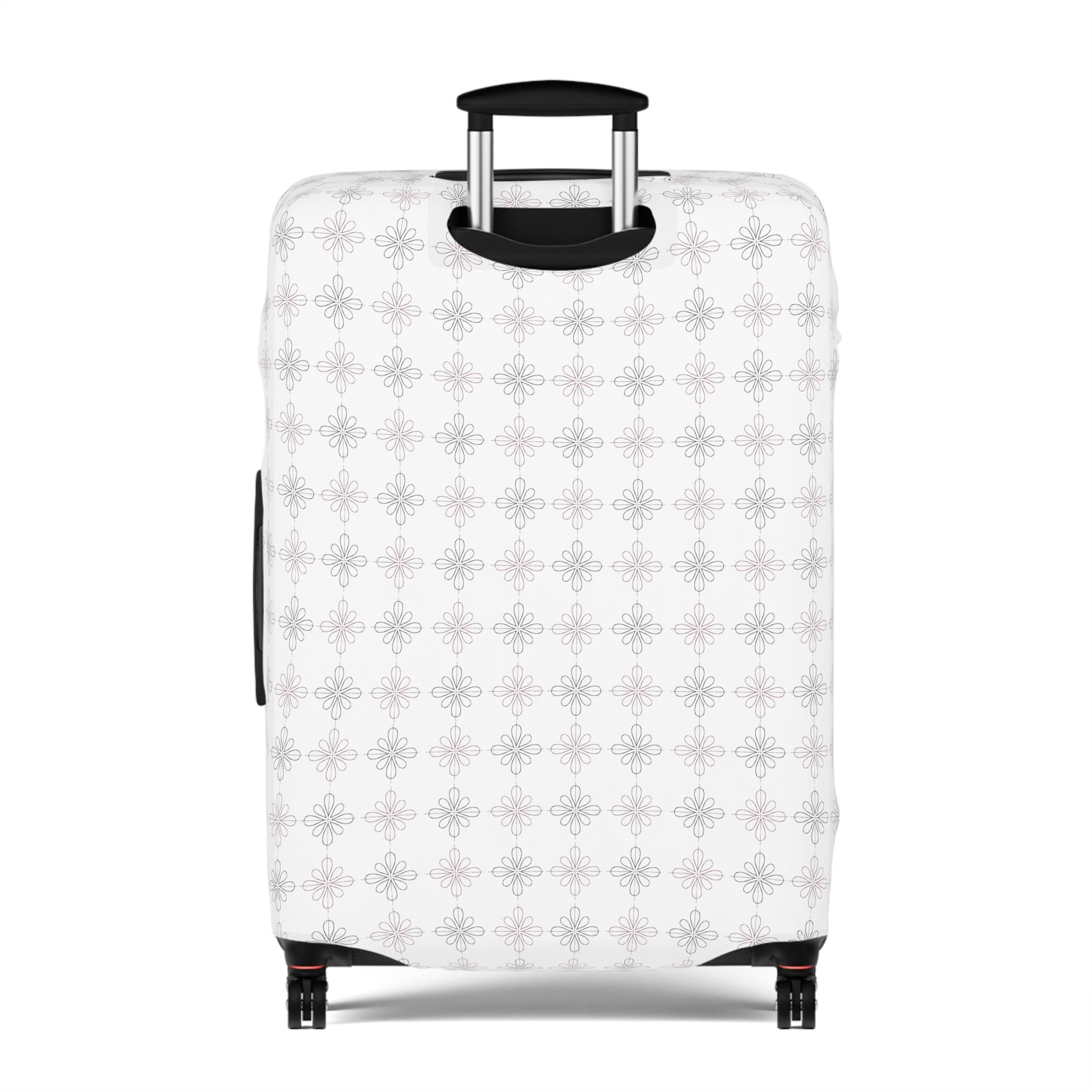 White floral minimalist stretch luggage cover protecting a rolling suitcase