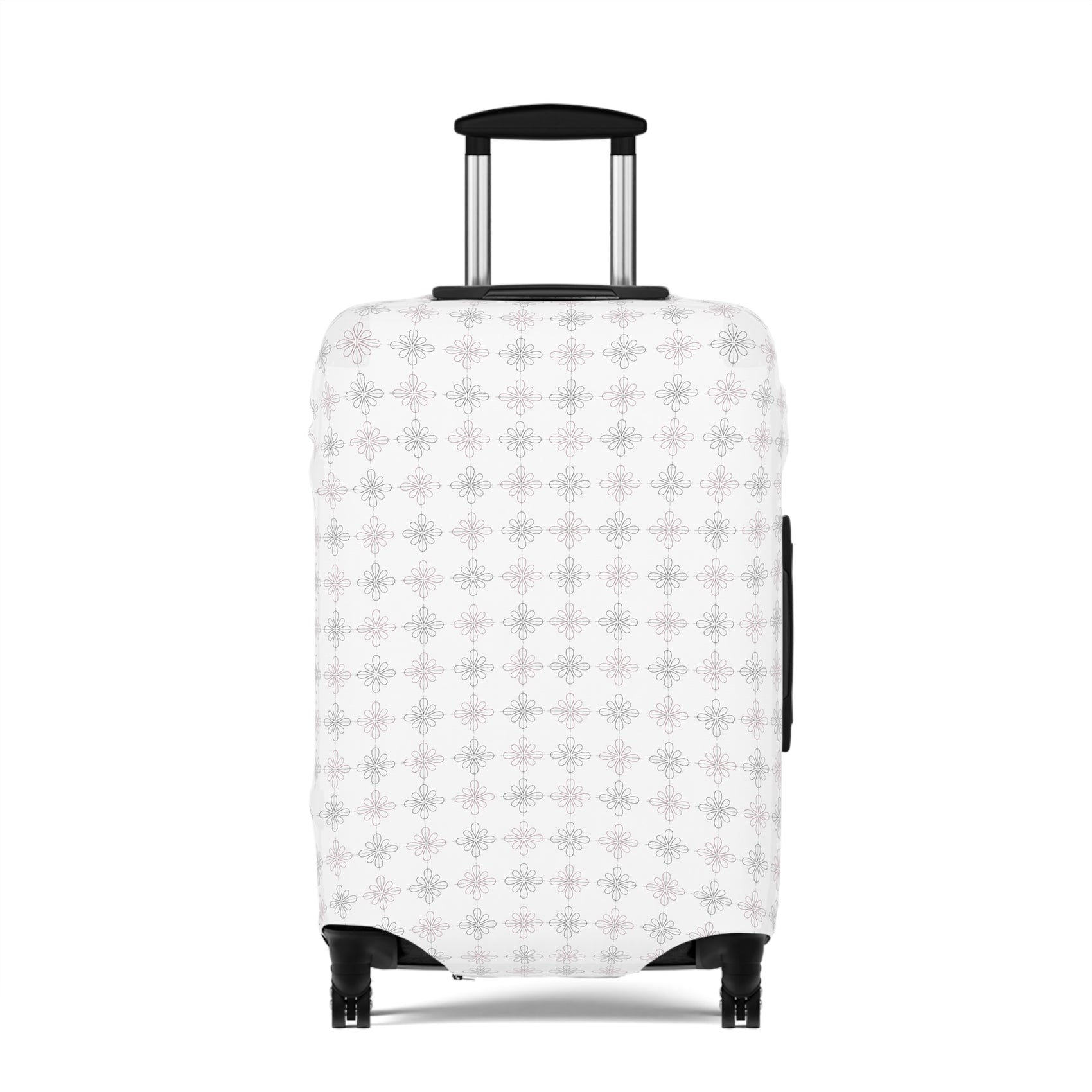 White floral minimalist stretch luggage cover protecting a rolling suitcase
