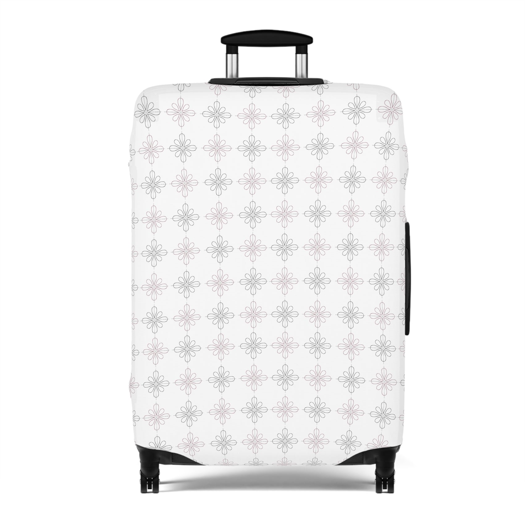 White floral minimalist stretch luggage cover protecting a rolling suitcase
