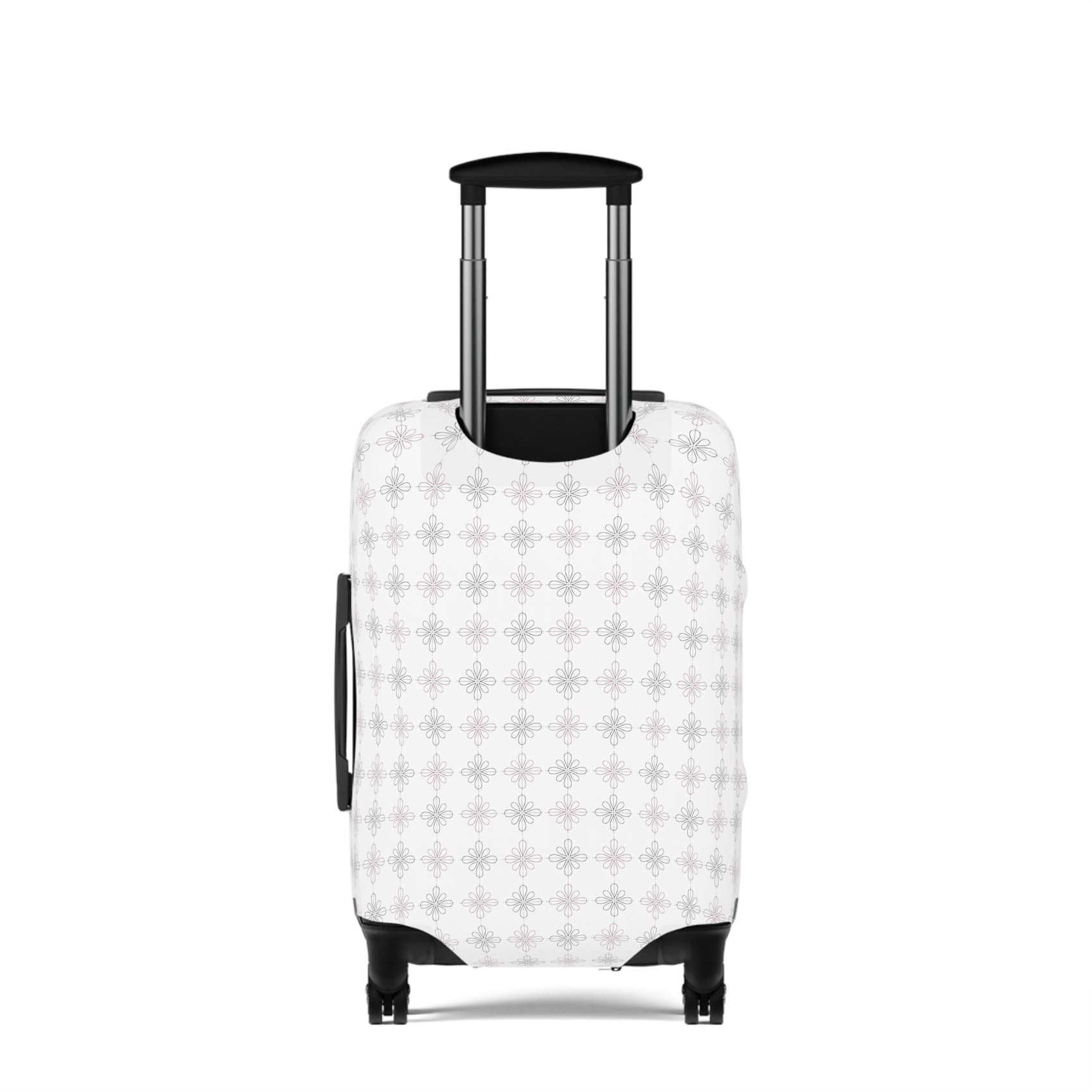 White floral minimalist stretch luggage cover protecting a rolling suitcase