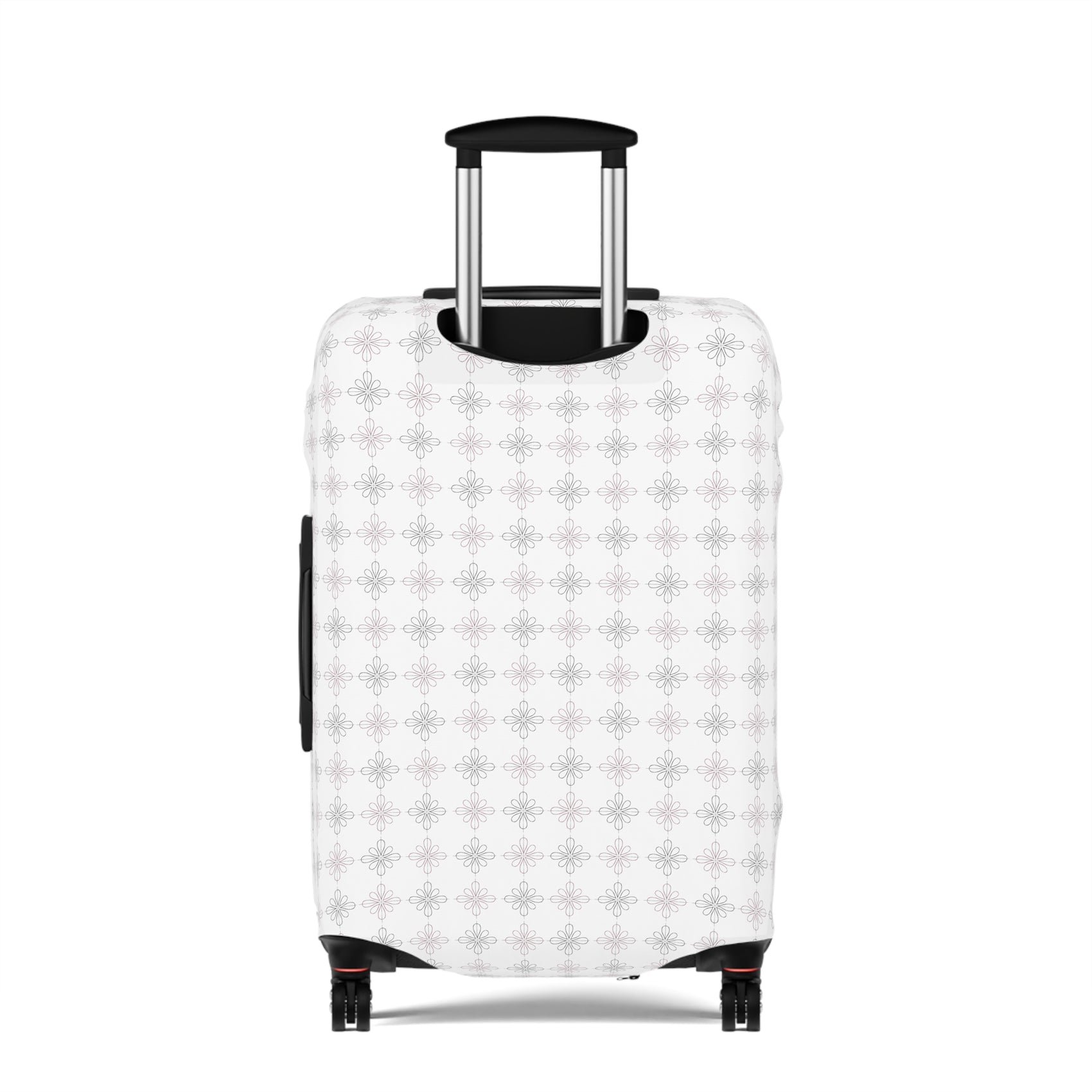 White floral minimalist stretch luggage cover protecting a rolling suitcase
