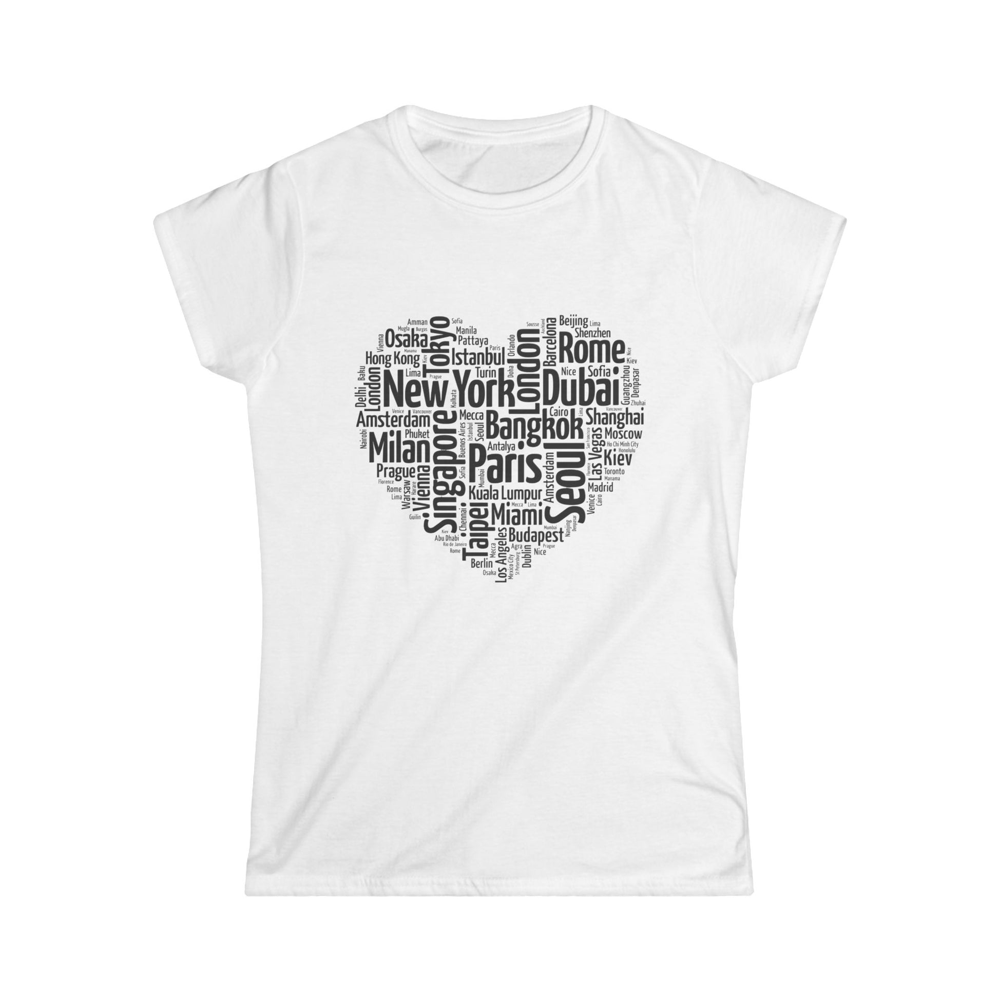 Wanderheart women’s travel t-shirt with heart-shaped collage of global cities