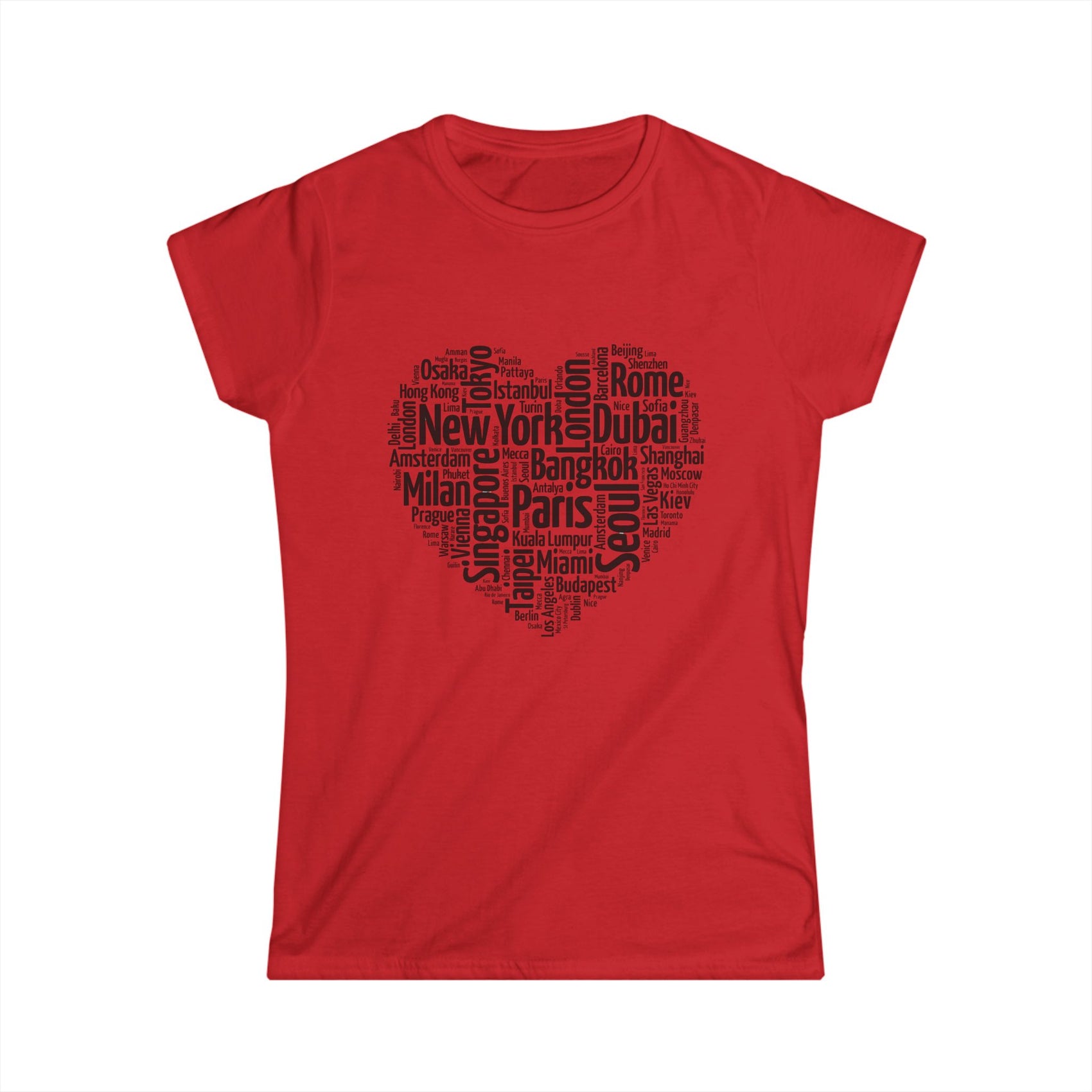 Wanderheart women’s travel t-shirt with heart-shaped collage of global cities