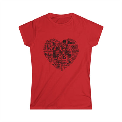 Wanderheart women’s travel t-shirt with heart-shaped collage of global cities