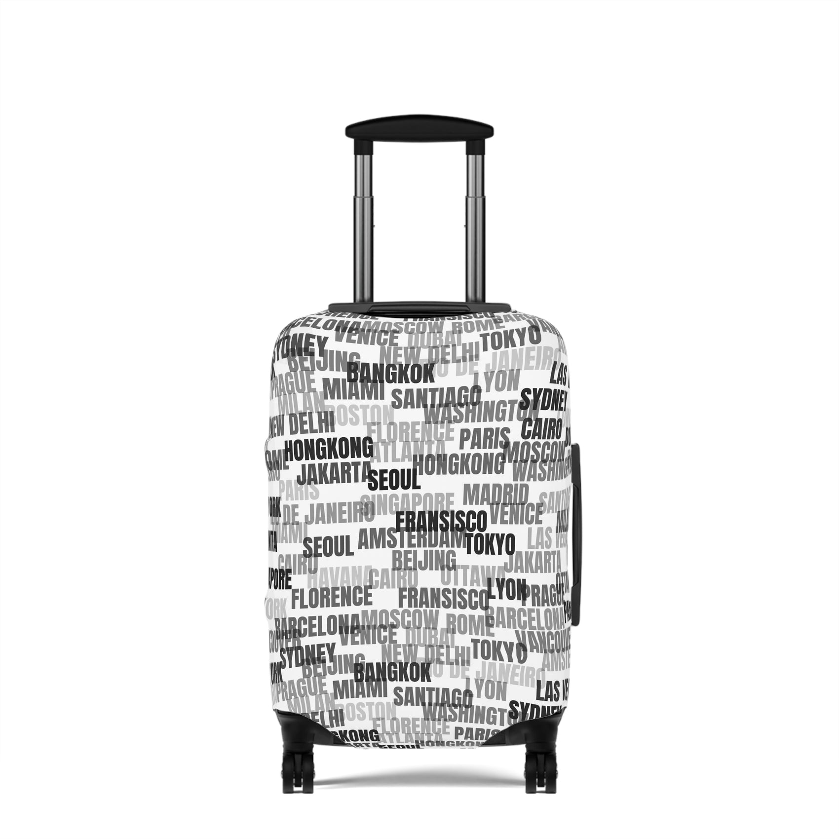World in Motion white luggage cover with black city name typography fitted on rolling suitcase