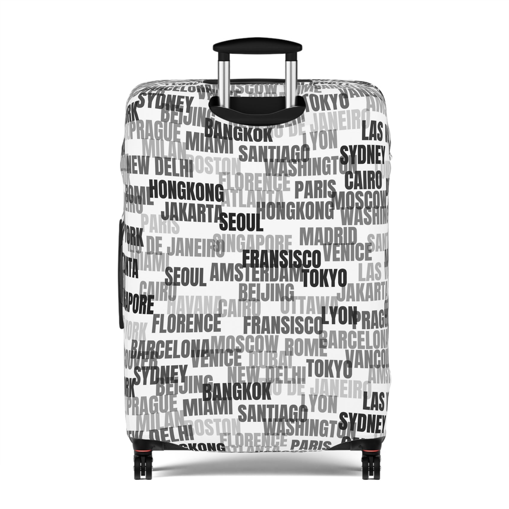 World in Motion white luggage cover with black city name typography fitted on rolling suitcase