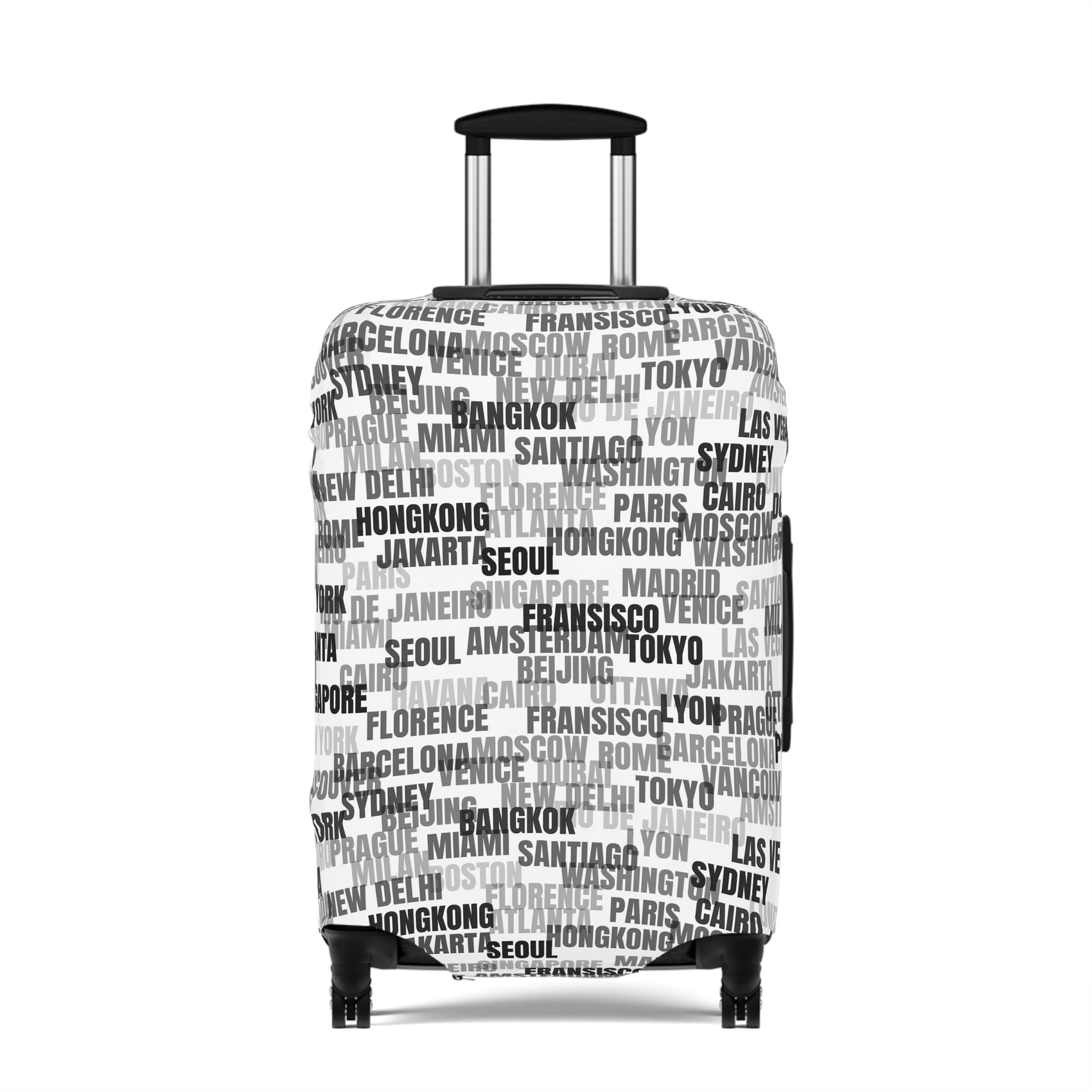 World in Motion white luggage cover with black city name typography fitted on rolling suitcase