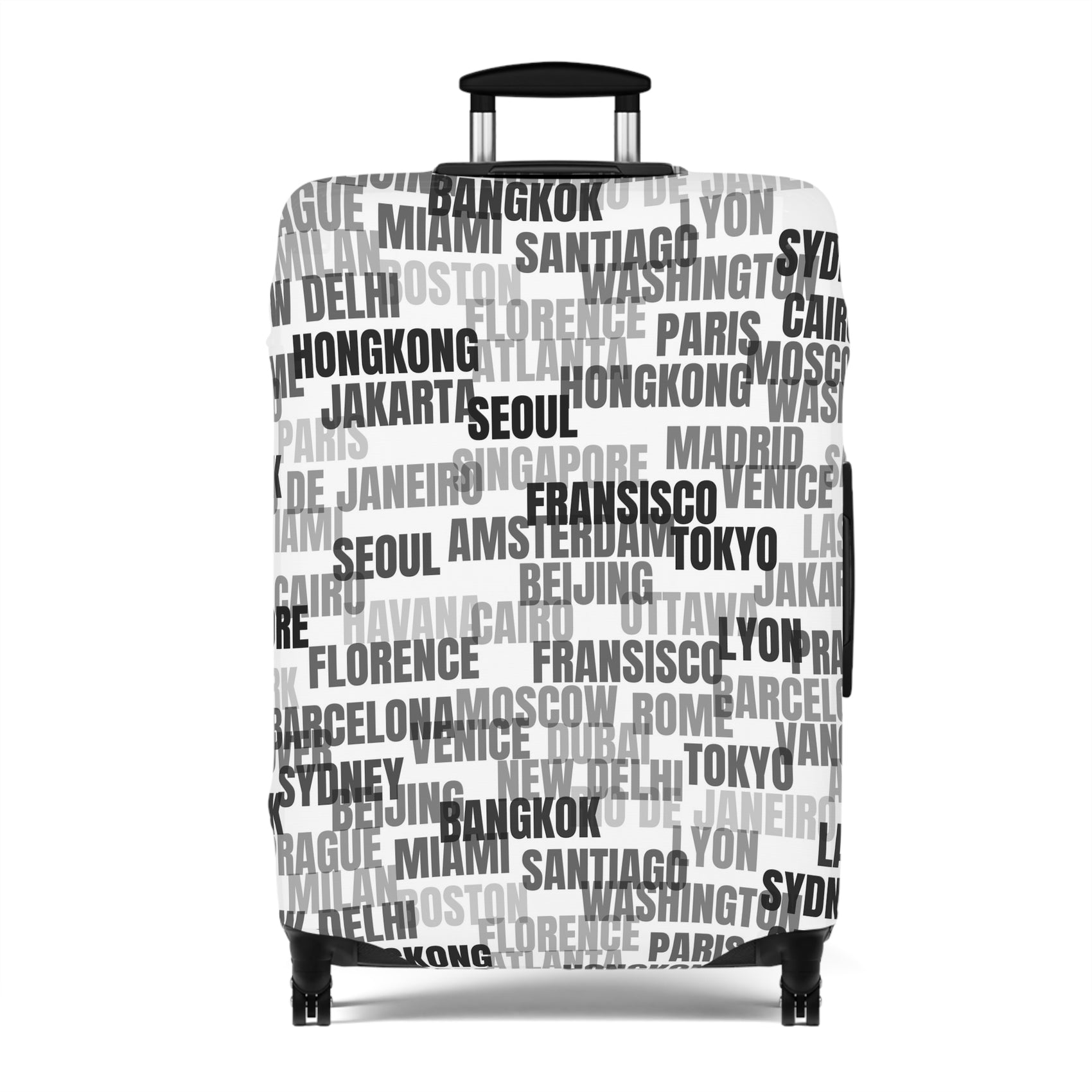World in Motion white luggage cover with black city name typography fitted on rolling suitcase