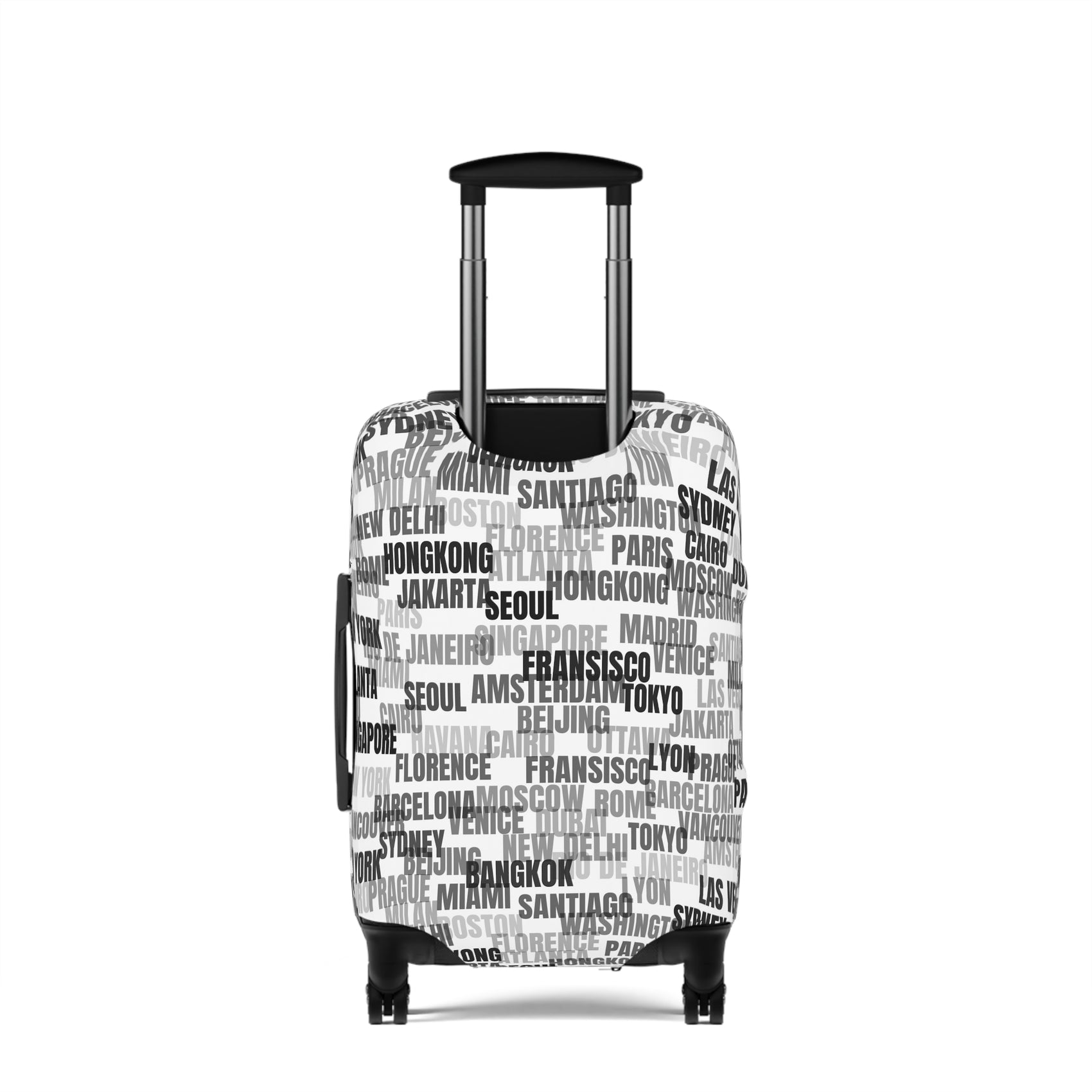 World in Motion white luggage cover with black city name typography fitted on rolling suitcase