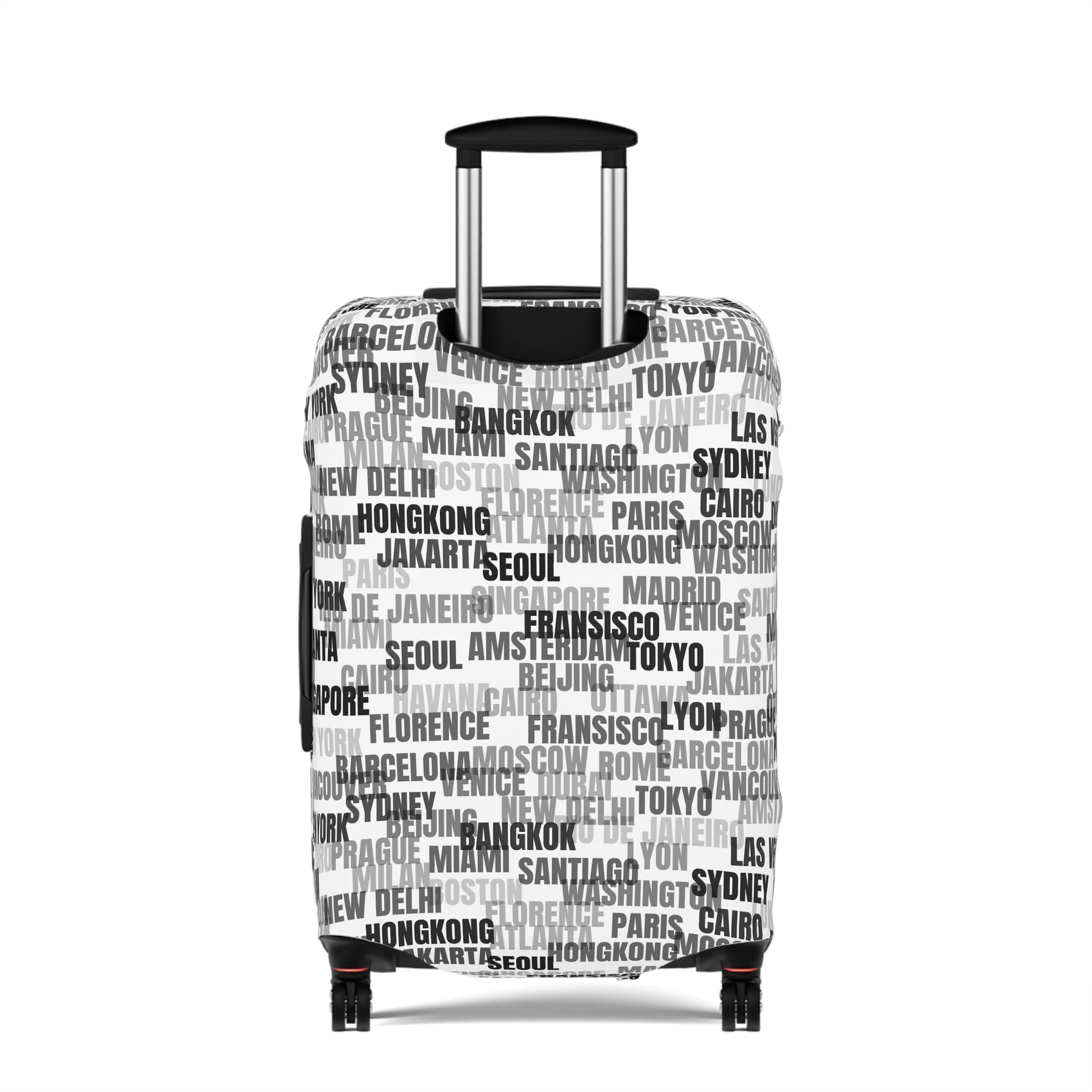 World in Motion white luggage cover with black city name typography fitted on rolling suitcase