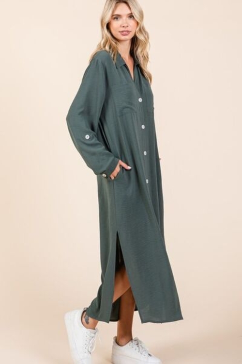 Airflow V-Neck Button-Down Maxi Dress, featuring a classic and breathable design Elegant long-sleeve maxi dress, perfect for warm-weather occasions Lightweight and flowy dress, designed for comfort and sophistication Chic button-down maxi dress with a flattering silhouette, ideal for day-to-night styling Breathable polyester maxi dress with pockets, stylish and practical