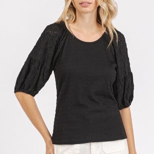 Textured Popcorn Puff Sleeve Blouse, featuring a chic, dimensional knit design Trendy puff sleeve blouse, perfect for adding a stylish touch to any outfit Mixed media textured knit top, designed for comfort and fashion-forward style Fashionable popcorn knit blouse, easy to pair with jeans, skirts, or trousers Unique statement blouse, featuring playful texture and elegant puff sleeves