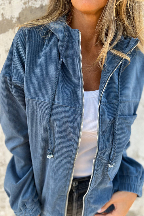 Corduroy Drawstring Hooded Zip-Up Jacket - Front View Trendy Travel-Ready Corduroy Jacket with Hood Functional Zip-Up Jacket with Pockets for Everyday Wear Vintage Style Corduroy Jacket in Real Teal Adventure-Ready Hooded Jacket with Adjustable Drawstring