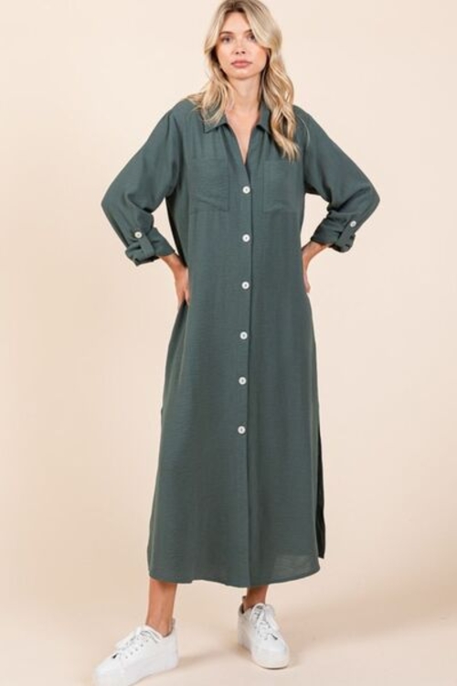 Airflow V-Neck Button-Down Maxi Dress, featuring a classic and breathable design Elegant long-sleeve maxi dress, perfect for warm-weather occasions Lightweight and flowy dress, designed for comfort and sophistication Chic button-down maxi dress with a flattering silhouette, ideal for day-to-night styling Breathable polyester maxi dress with pockets, stylish and practical