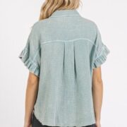 Softly Faded Blue Button-Down Shirt with a vintage-wash finish and relaxed fit Breathable cotton button-down for casual and dressy occasions Feminine flounce sleeve shirt, perfect for effortless, stylish outfits Lightweight long sleeve shirt, ideal for layering or wearing solo Timeless mineral-washed button-down, designed for comfort and style