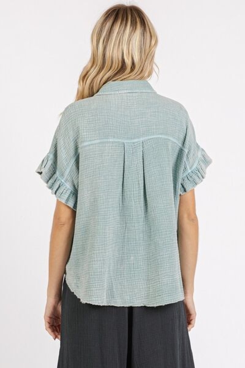 Softly Faded Blue Button-Down Shirt with a vintage-wash finish and relaxed fit Breathable cotton button-down for casual and dressy occasions Feminine flounce sleeve shirt, perfect for effortless, stylish outfits Lightweight long sleeve shirt, ideal for layering or wearing solo Timeless mineral-washed button-down, designed for comfort and style