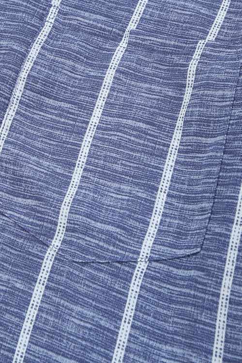 Blue Striped V-Neck Blouse - Front View Elegant Button-Down Blouse for Work & Travel Wear Soft & Lightweight Striped Long Sleeve Shirt for Jet Setters Business Casual Blouse Styled with Trousers for Travel Days Classic Striped Shirt with Pockets & Button Details - Perfect for Exploring