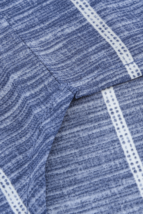 Blue Striped V-Neck Blouse - Front View Elegant Button-Down Blouse for Work & Travel Wear Soft & Lightweight Striped Long Sleeve Shirt for Jet Setters Business Casual Blouse Styled with Trousers for Travel Days Classic Striped Shirt with Pockets & Button Details - Perfect for Exploring