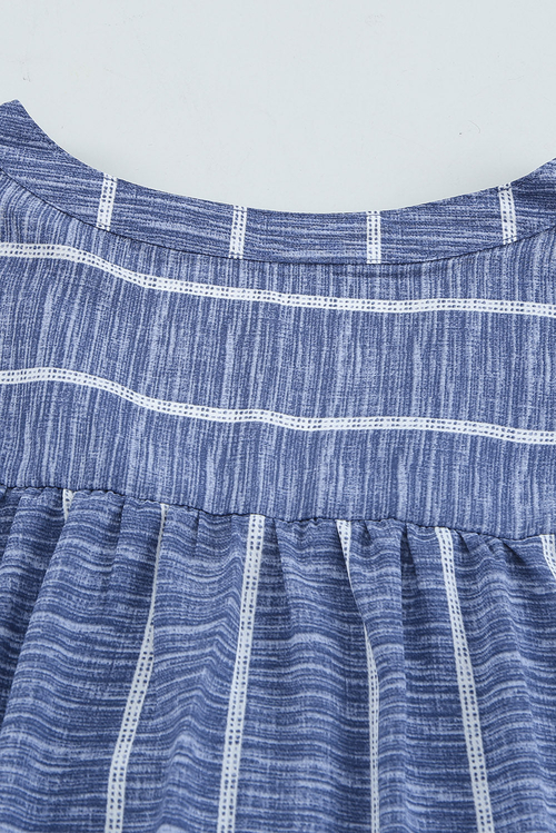Blue Striped V-Neck Blouse - Front View Elegant Button-Down Blouse for Work & Travel Wear Soft & Lightweight Striped Long Sleeve Shirt for Jet Setters Business Casual Blouse Styled with Trousers for Travel Days Classic Striped Shirt with Pockets & Button Details - Perfect for Exploring