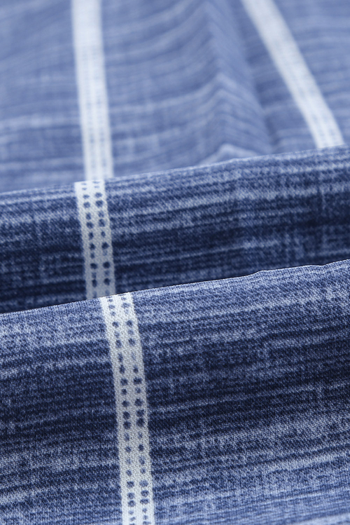 Blue Striped V-Neck Blouse - Front View Elegant Button-Down Blouse for Work & Travel Wear Soft & Lightweight Striped Long Sleeve Shirt for Jet Setters Business Casual Blouse Styled with Trousers for Travel Days Classic Striped Shirt with Pockets & Button Details - Perfect for Exploring
